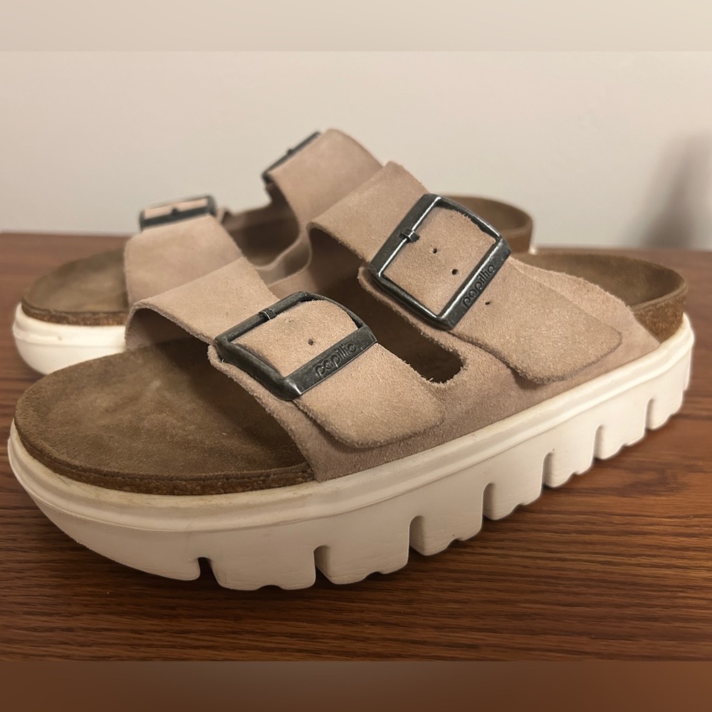 Birkenstock Arizona Chunky Platform Sandals Tan Suede Size 38 Narrow Width